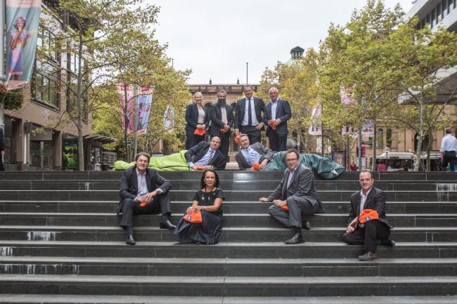 (L-R Bottom to Top)Ian Poole, Linda Burney, Russel Levert, Hon Paul Green MP, Nev Nichols, Bernie Fehon, Diane Lucas, Rabbi Dovid Slavin, Nicholas Gray, Mick Boyle pose for a group photo of CEOs to launch the St Vincent de Paul Society CEO Sleepout.